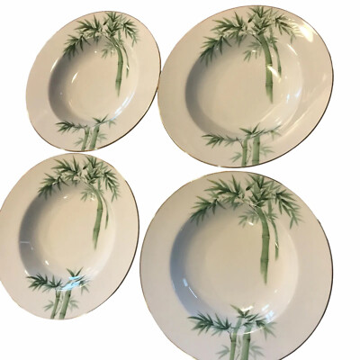 4 Noritake Toki Kaisha 1538 Green Bamboo Berry Bowls Gold Tropical