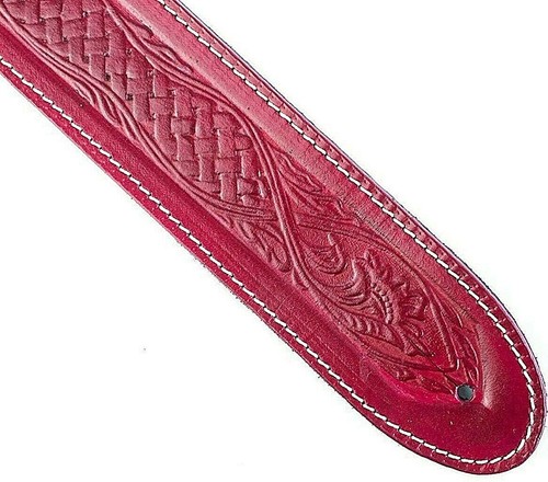 RED EMBOSSED TEXAN GENUINE LEATHER ACOUSTIC ELECTRIC BASS GUITAR STRAP - UK MADE - Imagen 4 de 4