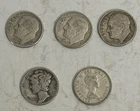 Lot of 5 Silver Coins- 3 Roosevelt Dimes, 1 Mercury Dime, 1 Canadian Dime