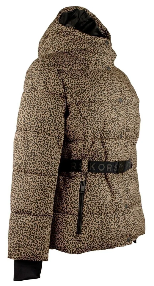 Michael Kors Women's Hooded Leopard Print Belted Puffer Coat Jacket Large - Image 4 of 4