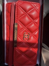 Chanel Red Zip-around Wallet W Cc Logo Credit Card Slots Folding