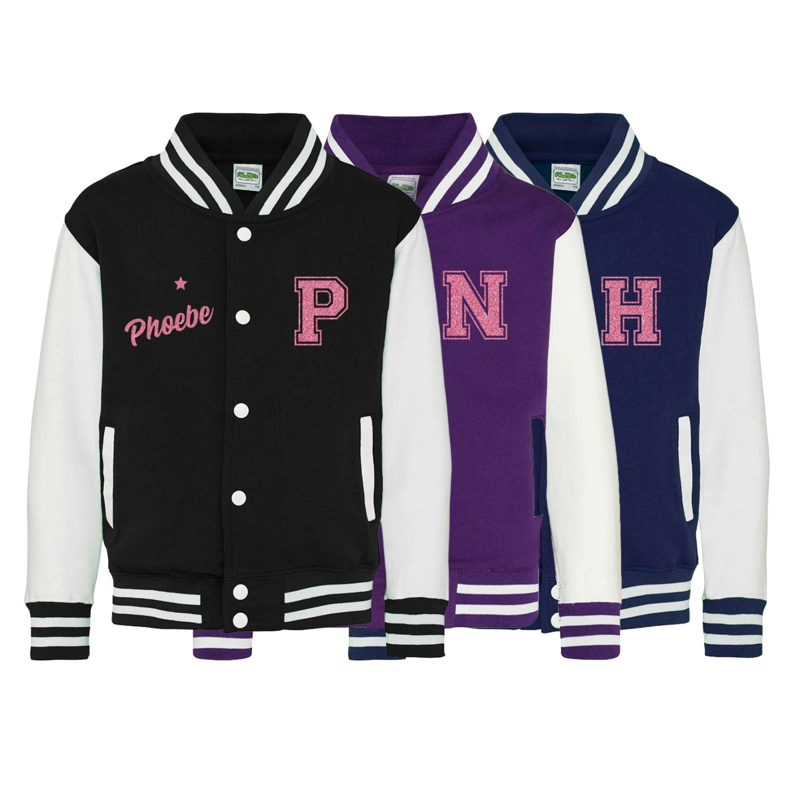 Personalised Name Initials Kids Varsity Jacket Pink Childrens Custom Letterman