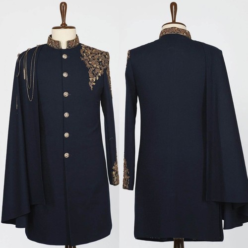 Men Navy Blue Coat Single Breasted Jacket Golden Applique with Cape Cashmere - Picture 10 of 11
