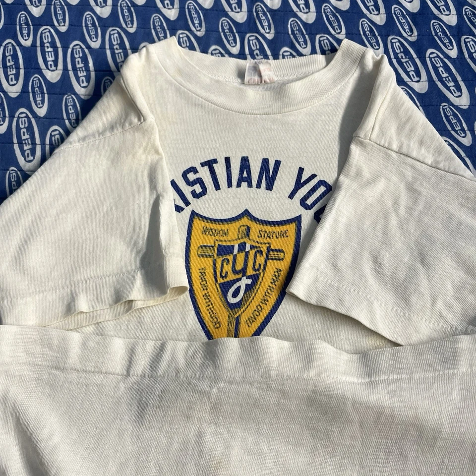 VTG 60s Champion Running Man Kids Christian Youth Crusaders Flock Print Sz 12 - Image 4 of 4