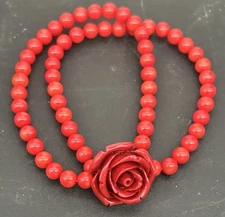 Red Coral Double Stranded Beaded Carved Rose Stretchy Bracelet