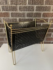 Vintage 1950s 60s Atomic MCM Magazine Rack Book Records Holder Black  Gold