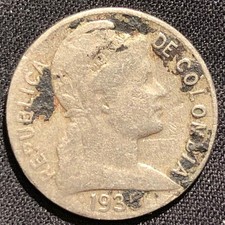 1935 Colombia 2 Centavos Copper-Nickel Coin - F (Fine) condition