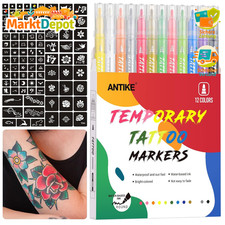 Tattoo Stifte f&uuml;r die Haut 12 Farben mit 104 Schablonen K&ouml;rperkunst