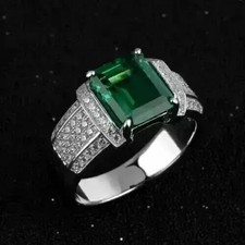 4Ct Emerald Lab Created Green Emerald Diamond Men's Ring 14k White Gold Plated