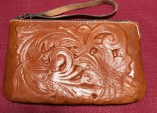 Patricia Nash Cassini Genuine Leather Tool Floral Wristlet Brown western Clutch