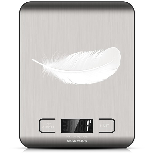 Seaumoon Digital Kitchen Scale - 11lb/5000g Capacity, Stainless Steel, Grams/Ounces, Tare Function, Batteries Included