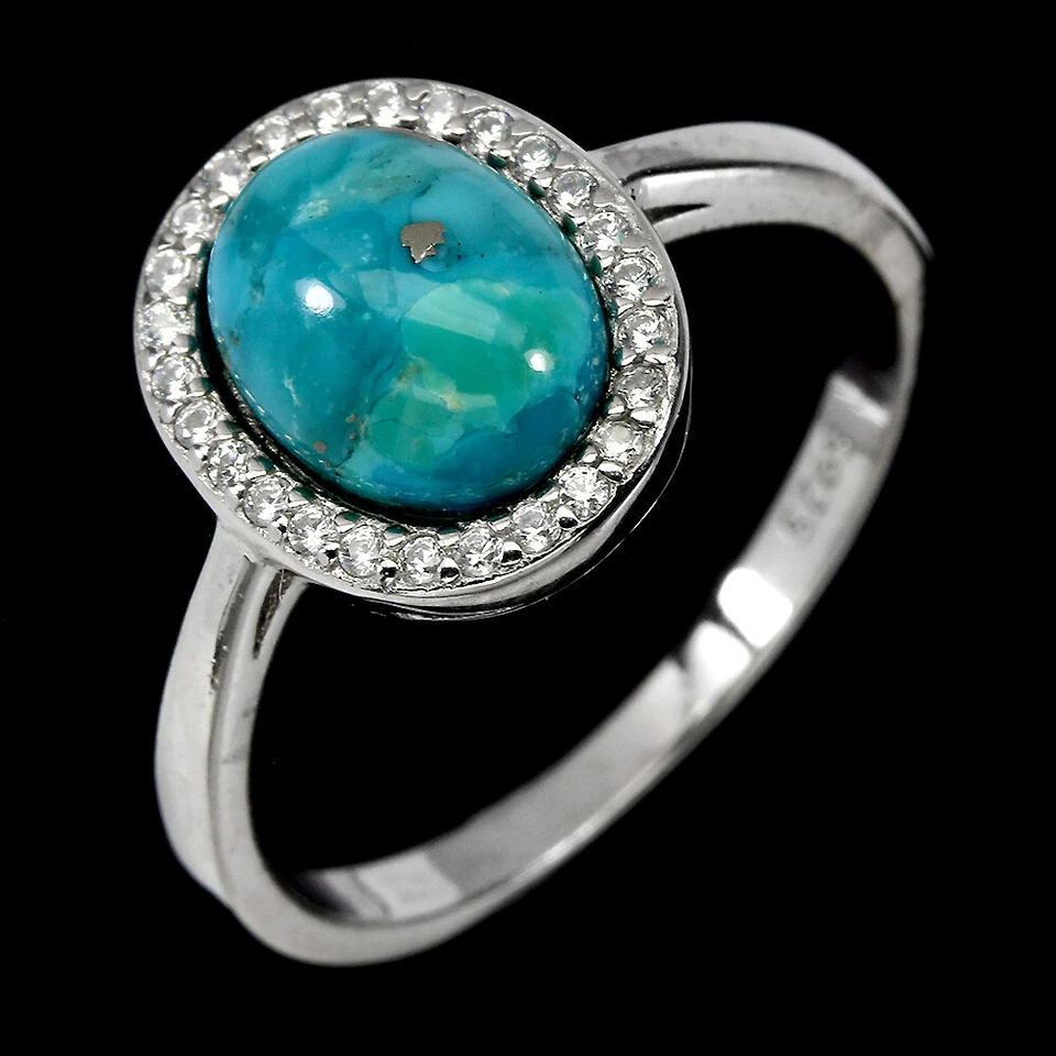 925 Anello Argento Sterling Ovale Turchese 9x7mm Gemma Pietra Naturale Gioielli - Immagine 3 di 4