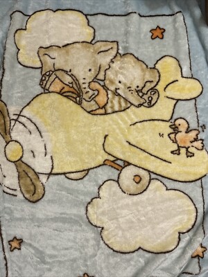 Vintage Mink Blanket Blue Yellow Elephants Airplane Clouds 42x46