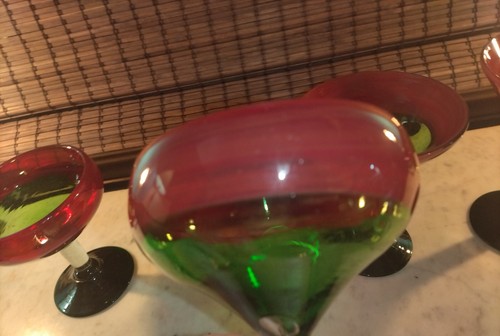 (4) Vintage Hand Blown Cocktail Glasses Thick Art Glass Red & Green Stagger Set - Picture 15 of 24