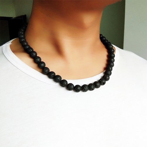 Men Necklace 6mm 8mm Black Volcanic Lava Stone Choker Rock Beads Chains Necklace - Picture 6 of 8