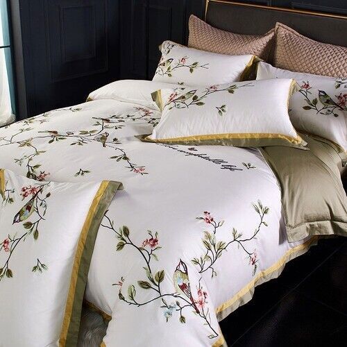 Chinese Flower Bird Embroidery 100S Egyptian Cotton Cover Bed Sheet Bedding Set - Picture 3 of 9