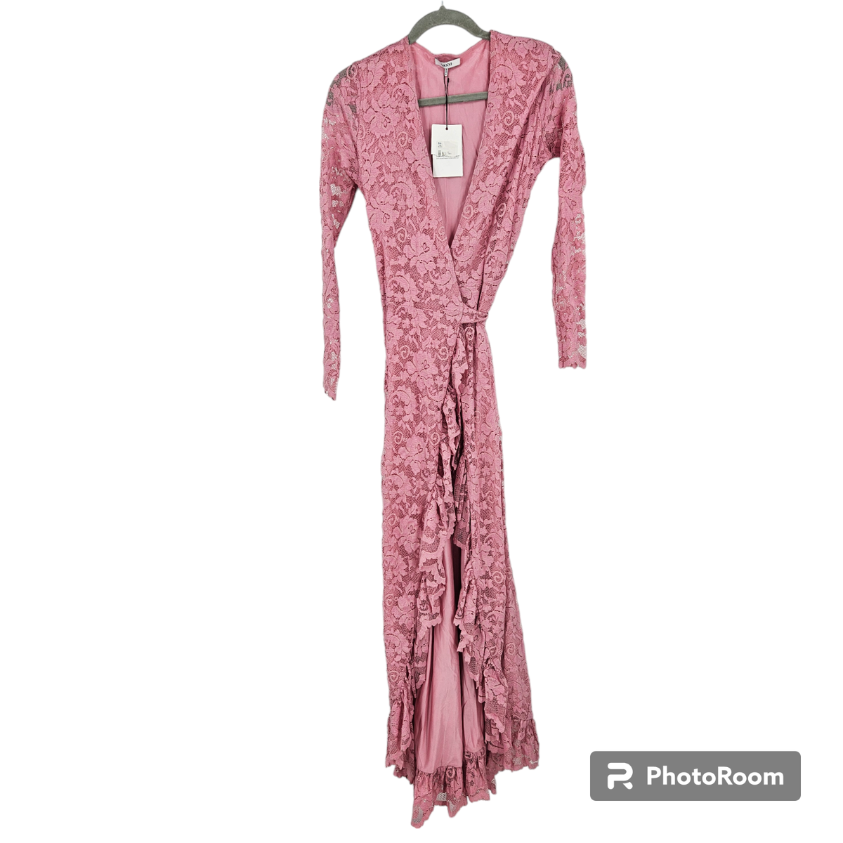 Ganni Wrap Dress Pink Flynn Lace Ruffle Long Sleeve Tie Waist Maxi NWT 36 US 4 Ganni Wrap Dress Pink Flynn Lace Ruffle Long Sleeve Tie Waist Maxi NWT 36 US 4