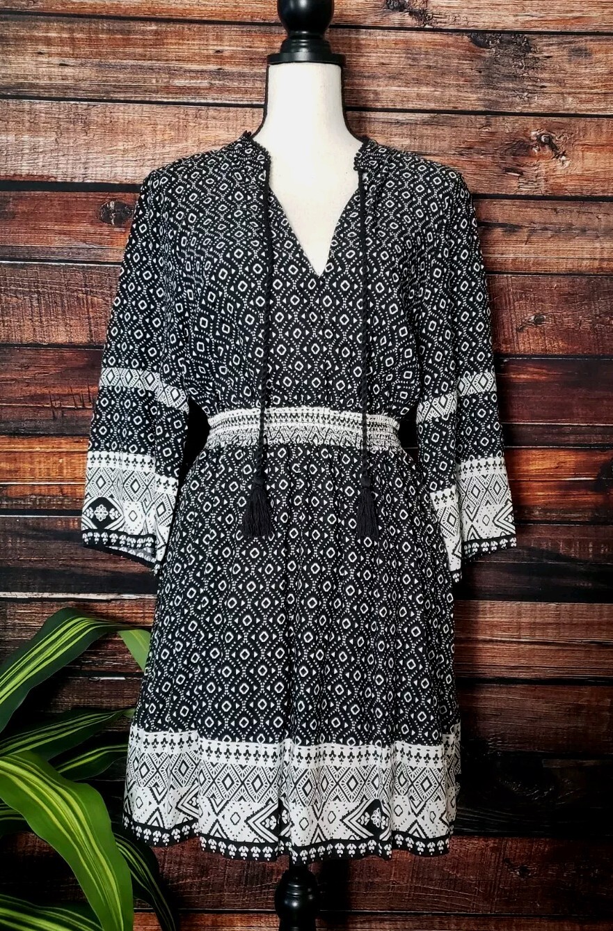 H&M Divided Dress Size 10 Peasant Smocked Waist Flared Cropped Sleeves Viscose thumbnail 3