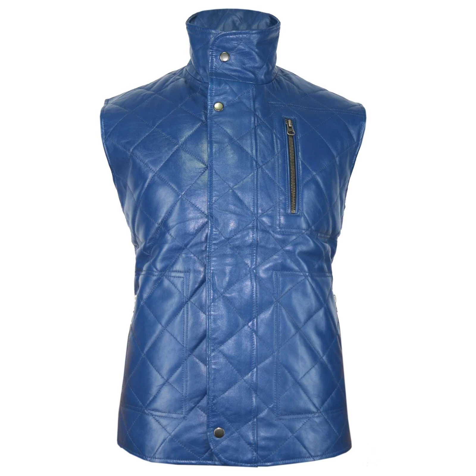 Electric Blue Puffer Diamond Quilted Leather Sleeveless Vest Mens Outdoor Jacket