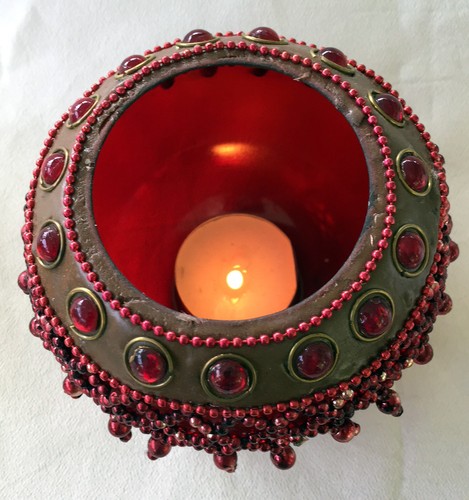Red Tea Light Holder Cup Beaded Glass Candle Holder Votive Hand Made - Picture 4 of 4