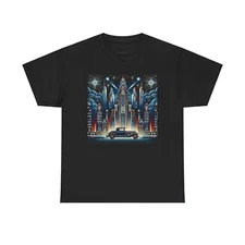 Unisex Adult T Shirt Art Deco City Skyline Nightlife Classic Car Retro Graphic