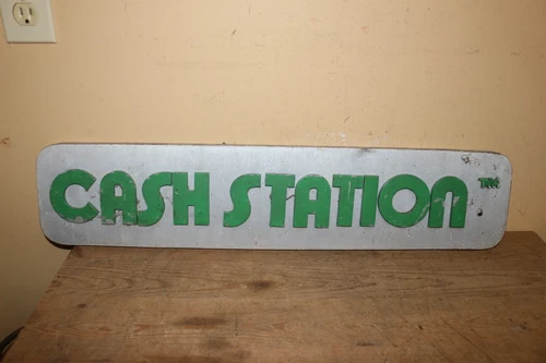 Vintage CASH STATION Bank Teller 28" Embossed Metal Gas Oil Sign