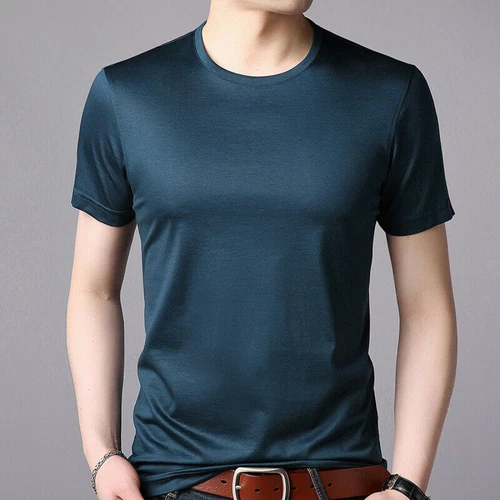 Top de seda color liso cuello redondo de verano manga corta para hombre M-3XL - Imagen 2 de 24