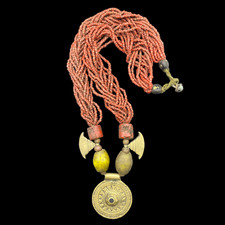 Ancient Roman Red Glass Coral Amber Necklace With Pendant