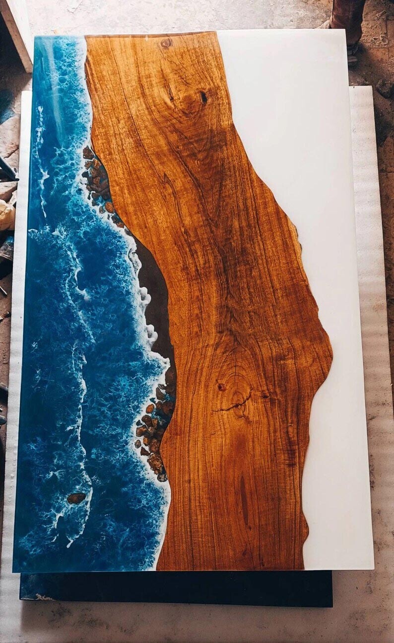 Epoxy Blue Resin River Center Restaurant Table Acacia Wooden Design Table Decors