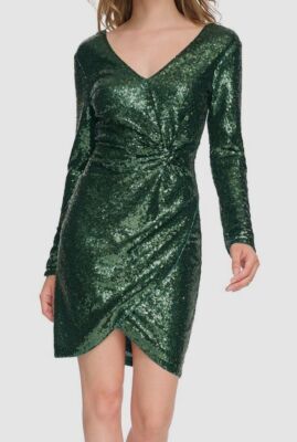 guess green sequin dress Guess Women's Green Sequined Twist-Front Long-Sleeve Dress Size 14