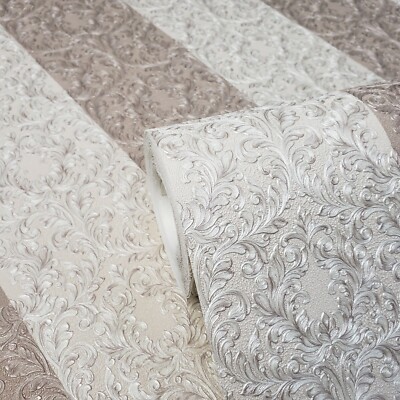 Wallpaper striped Victorian damask pink pearl cream metallic stripes Textured 3D