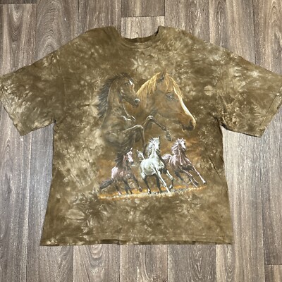 Vintage 90s Brown Running Horses Bronco Brown Tie Dye Nature Animal T-Shirt 2XL