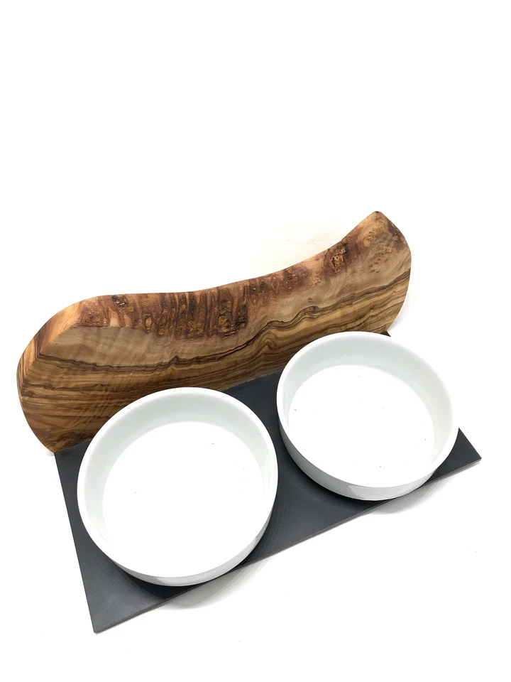 Futterstation MOUNTAIN 2 x Porzellanschalen auf OLIVENHOLZ Holz - Bild 3 von 4