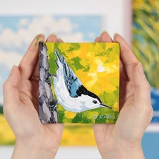 White Breasted Nuthatch Oil Painting Impasto Bird Original Handmade Artwork 4x4