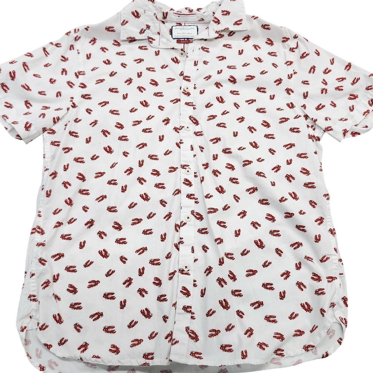 Denim & Flower Mens Large Slim Fit Short Sleeve Lobster Print Button Down Shirt