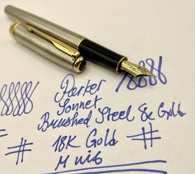 Mint Rare PARKER SONNET Stainless Steel GT Fountain Pen-FRANCE-18k M Nib-Duofold