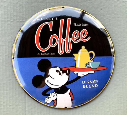 VINTAGE MICKEY MOUSE COFFEE 12" DOME OIL PORCELAIN SERVICE GASOLINE STATION SIGN