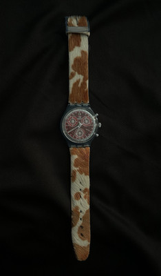 Swatch Irony Chronograph Quartz Analog 38mm Red Dial Clear Case Leather Strap