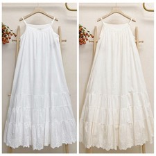 Womens Cotton Full Slips Dress Extender Petticoat Lace Neck Loose Long Dress