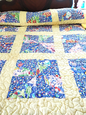 VTG  1980'S  FULL SIZE  HAND STITCHED  PATCHWORK QUILT-62'' X 98''-BLUE w YELLOW