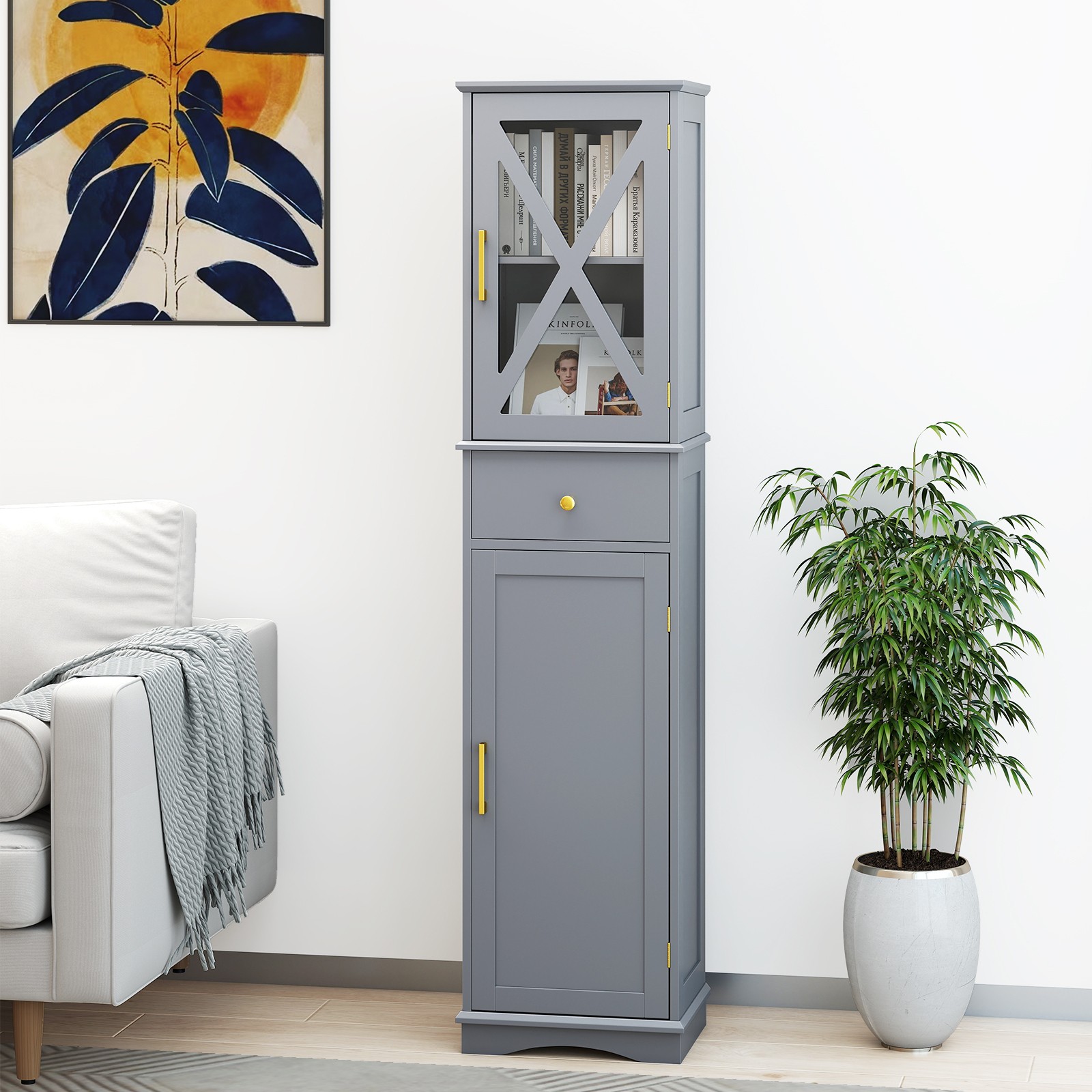 Bathroom Storage Cabinet Freestanding Floor Cabinet w/2 Doors Grey - Image 3