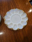 Vintage Anchor Hocking 10 In Deviled Egg Plate Tray Milk Glass White Gold Trim