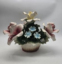 Capodimonte Italy Pink Yellow Roses Blue Ceramic Flowers Nuova Centerpiece Vtg