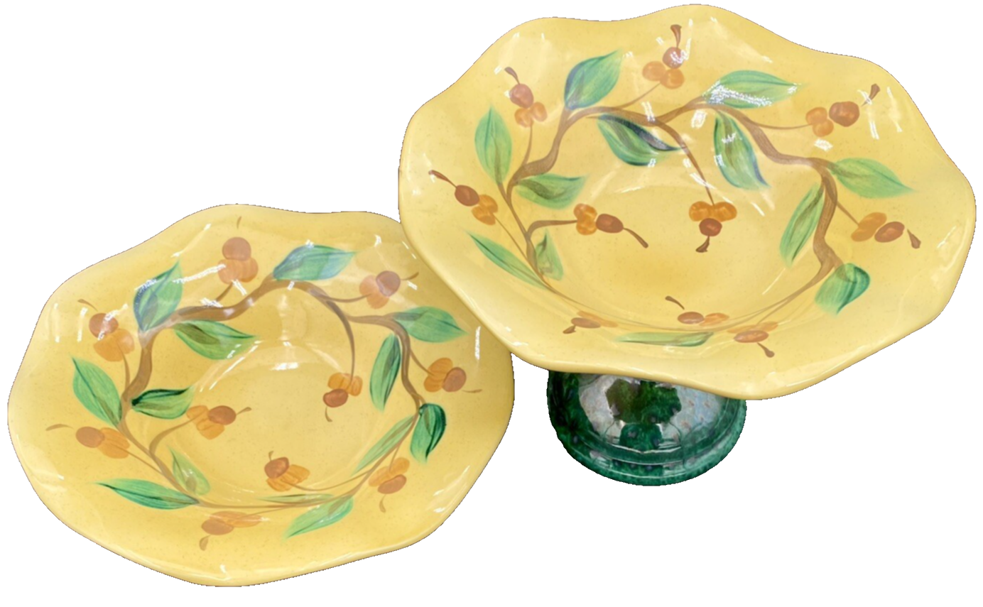 Vintage Gail Pittman Cherries Scalloped Bowls Pedestals Candle Holders Signed