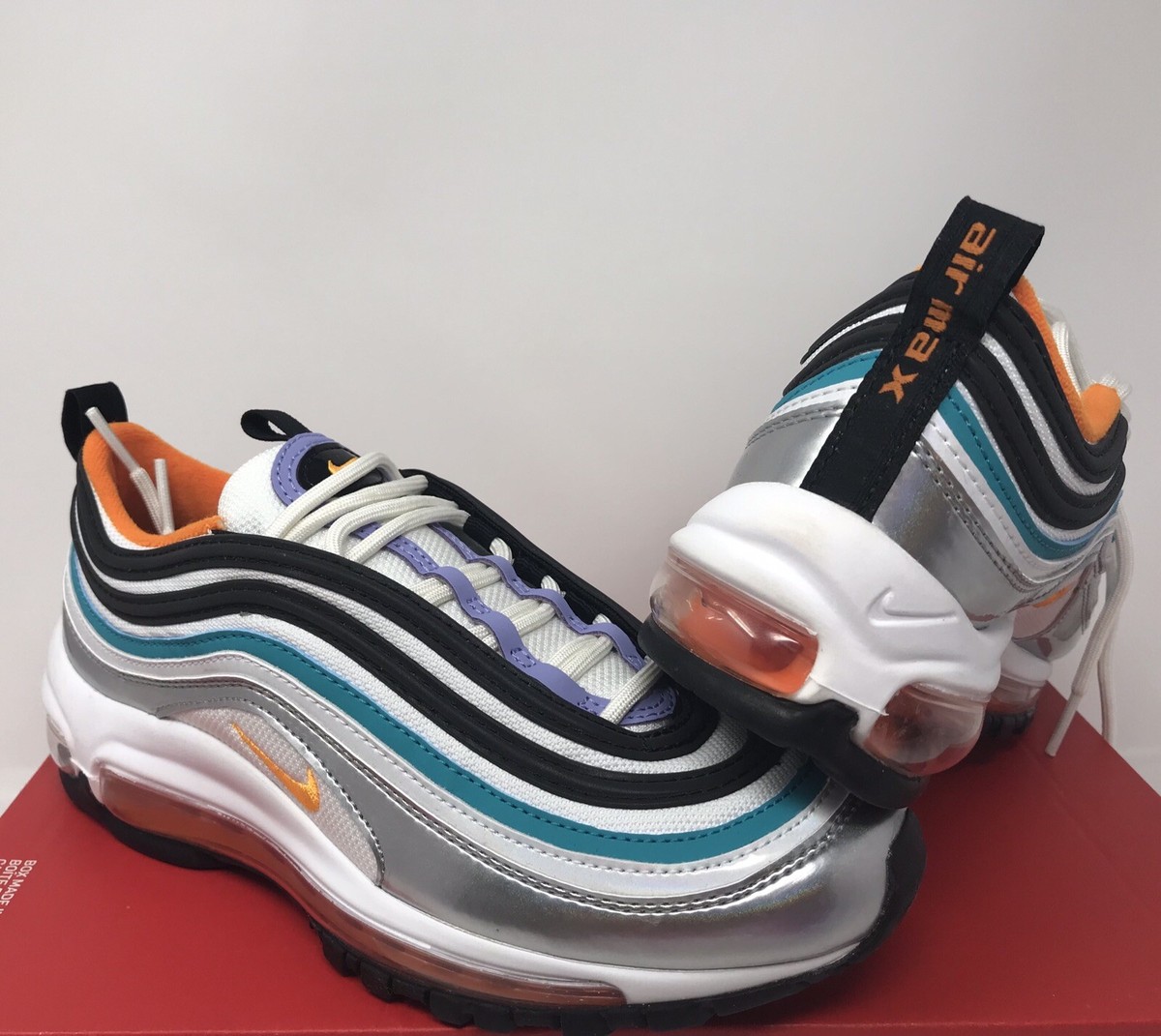 NIKE AIR MAX 97 DTN BG METALLIC SILVER-ORANGE SZ 4.5Y WOMENS SZ 6 