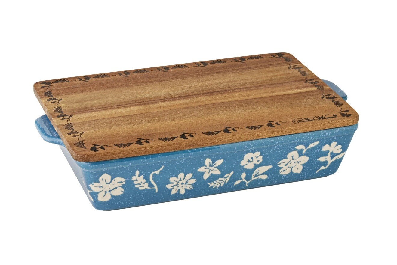 Pioneer Woman ~ Frontier Blue Speckle ~ Rectangular Baker w/Cutting Board Lid