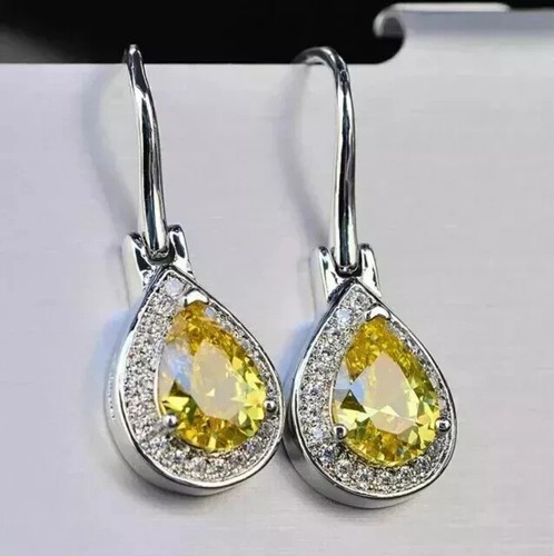 3Ct Pear Yellow Citrine Lab-Created Drop Dangle Earrings 14K White Gold Plated - Picture 3 of 5