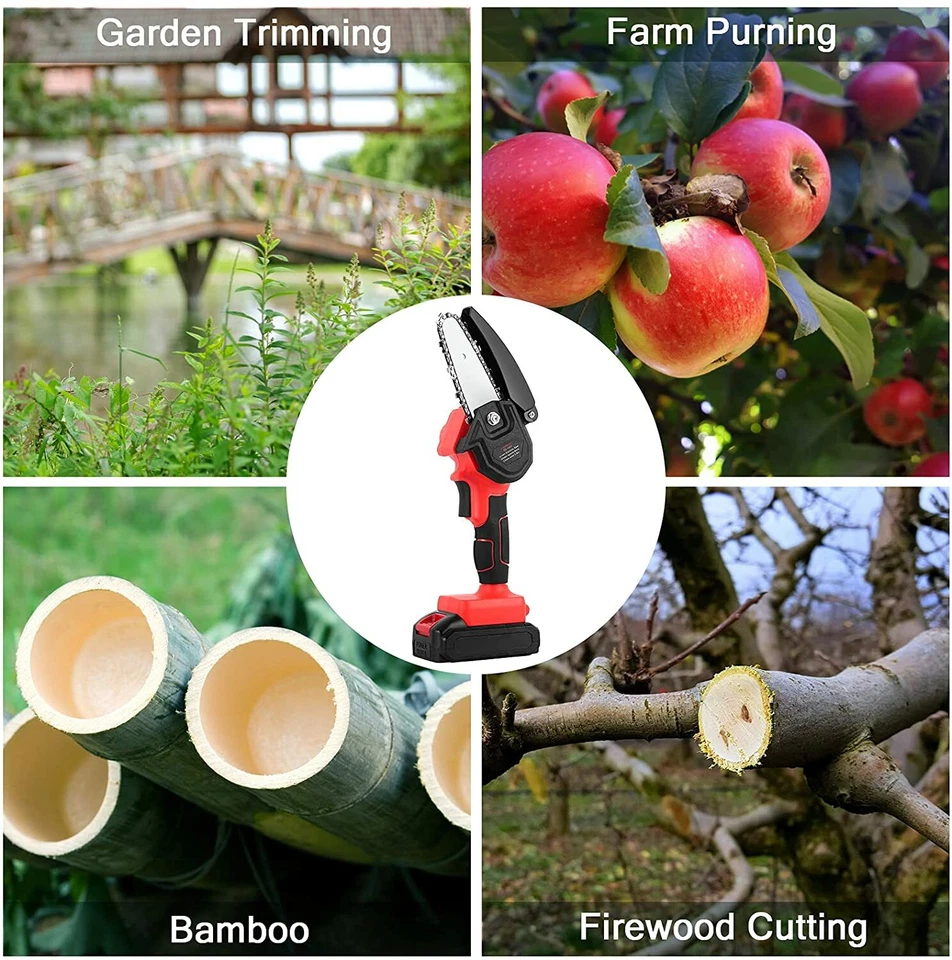 Mini motosierra eléctrica de 4" 24V cortadora de madera inalámbrica de mano con 2 baterías 2 cadenas Foto 2 de 4