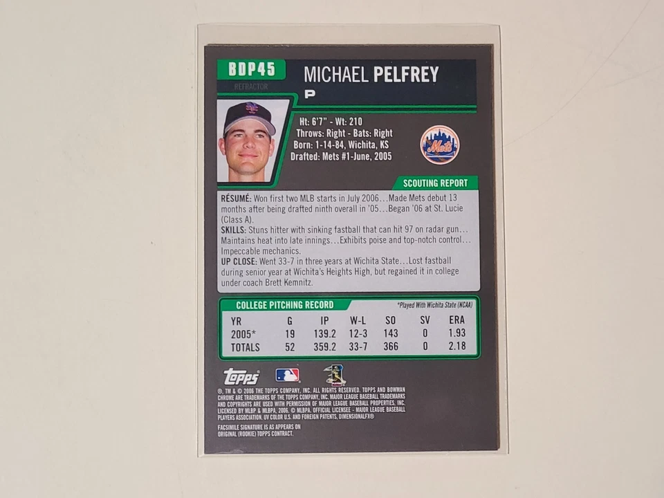 Michael Pelfrey 2006 Bowman Chrome Refractor Rookie Baseball Card - Image 2 of 2