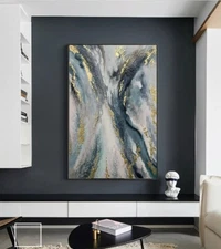 Gold Leaf Abstract Handmade Painting Blue Color Wall Decor Oil Painting Home